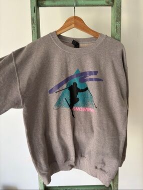 Gildan Gray Crewneck Sweatshirt with Teal, Purple & Pink Ski Graphic